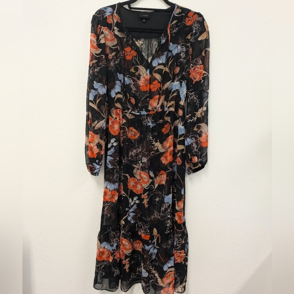 Who What Wear Black Sheer Floral Flowy Long Sleeve Midi Dress sz S - Picture 2 of 11